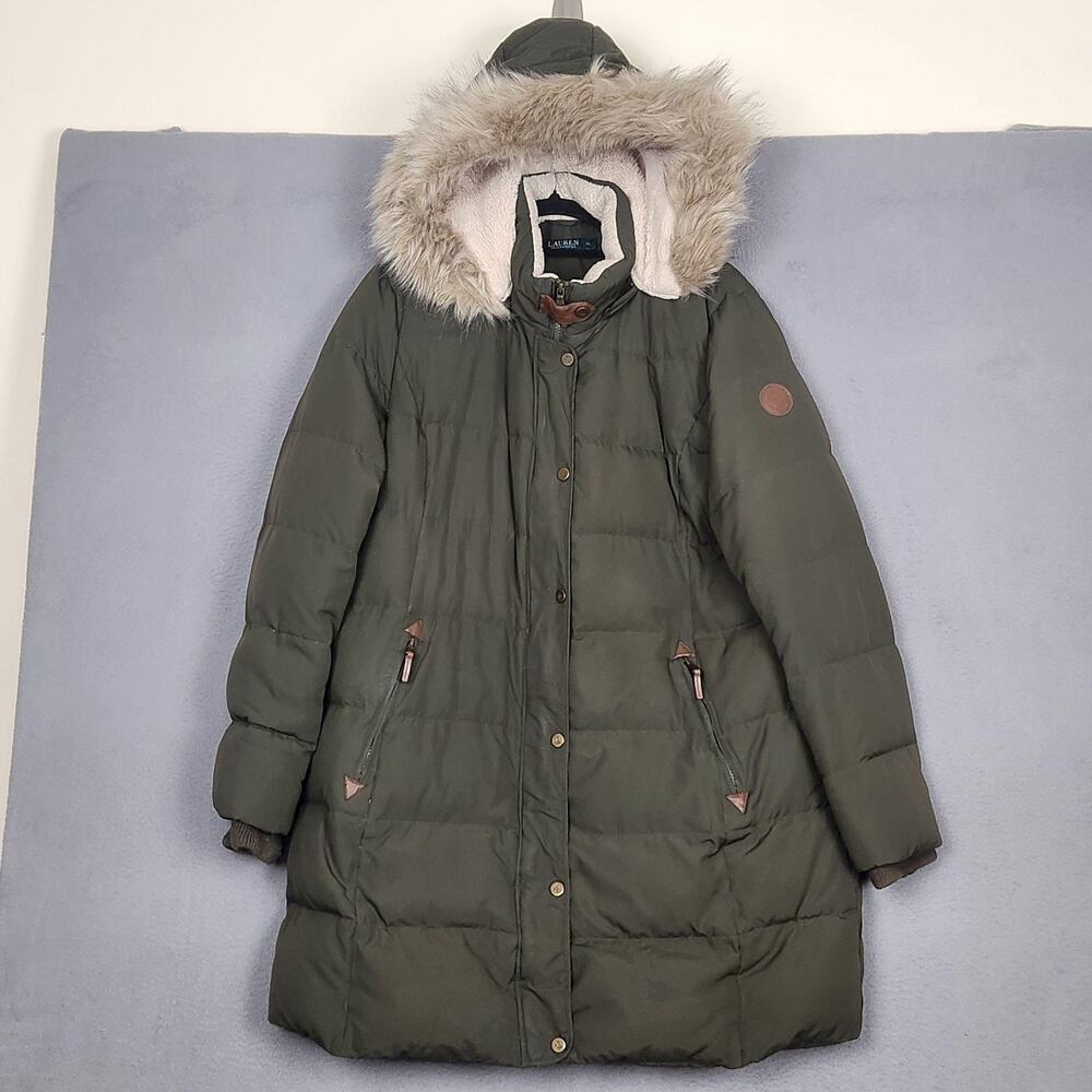 Lauren Ralph Lauren Coat Womens XL Green Down Puffer Faux Fur Hood Parka Quilted